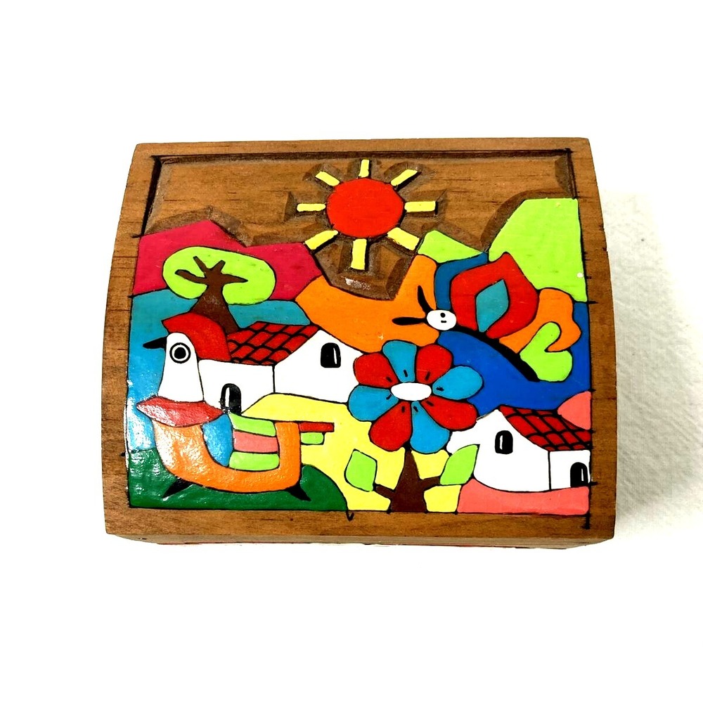 Vtg Folk Art Wood Box Trinket Keepsake Hand Painted Colorful‎ Sun Bird Flower